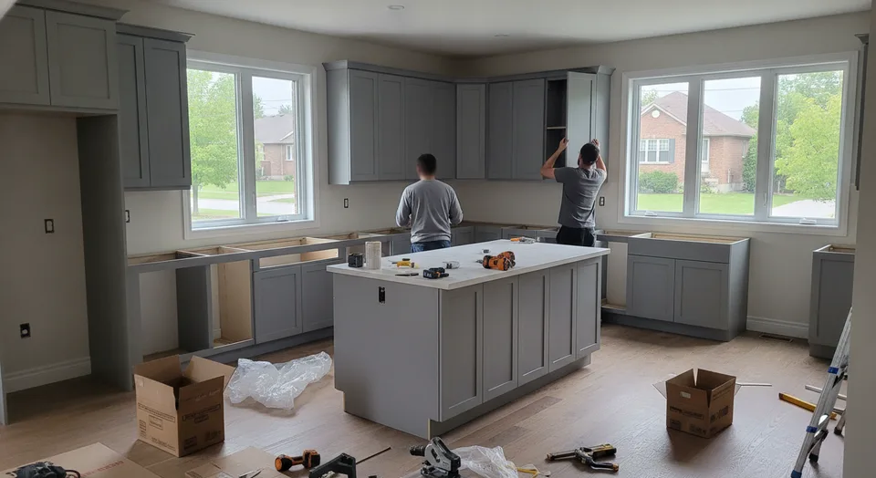 New shaker-style kitchen cabinets being installed in a Kitchener, Ontario home